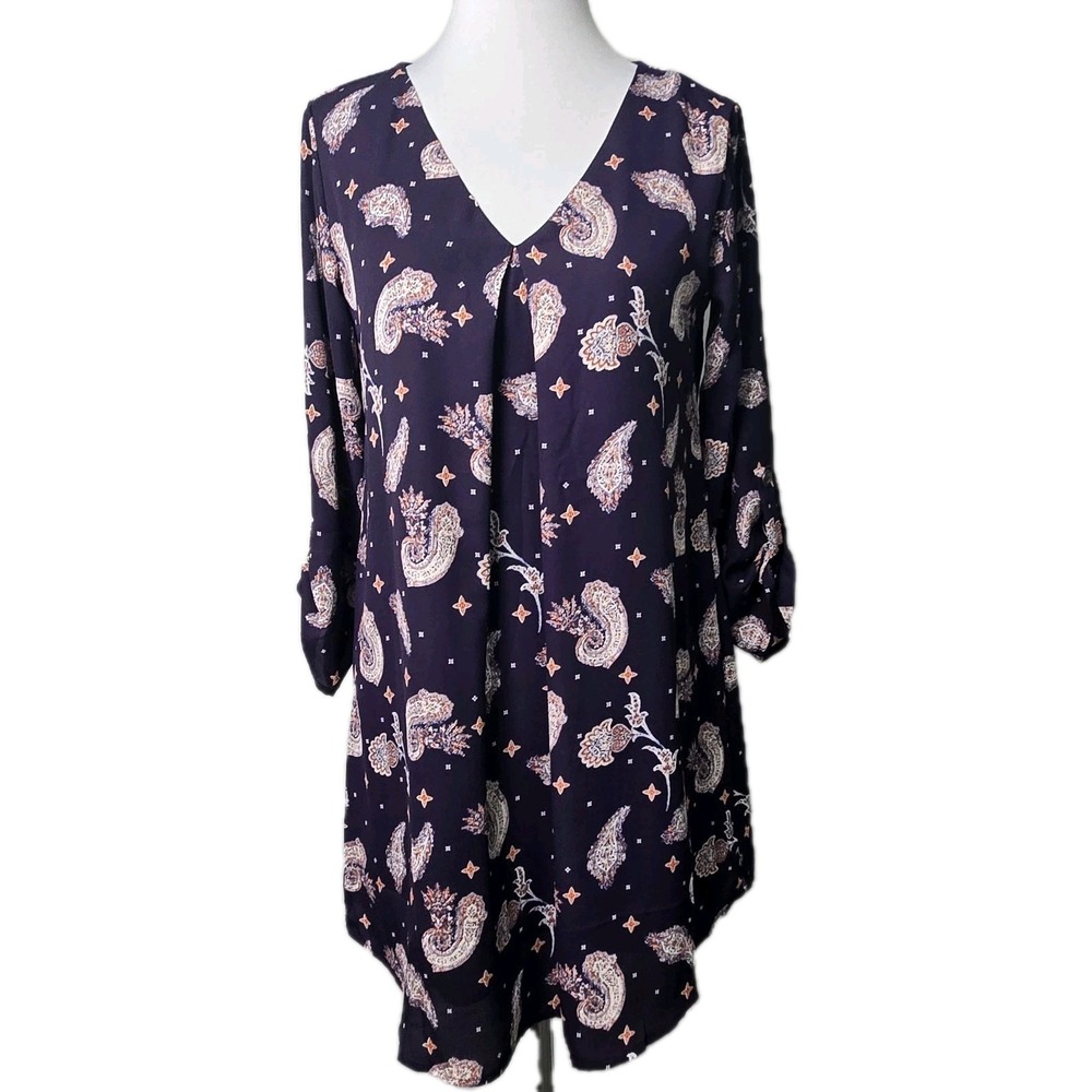 LUSH Purple Chiffon Paisley‎ 3/4 Tab Sleeve Mini Dress Small S
